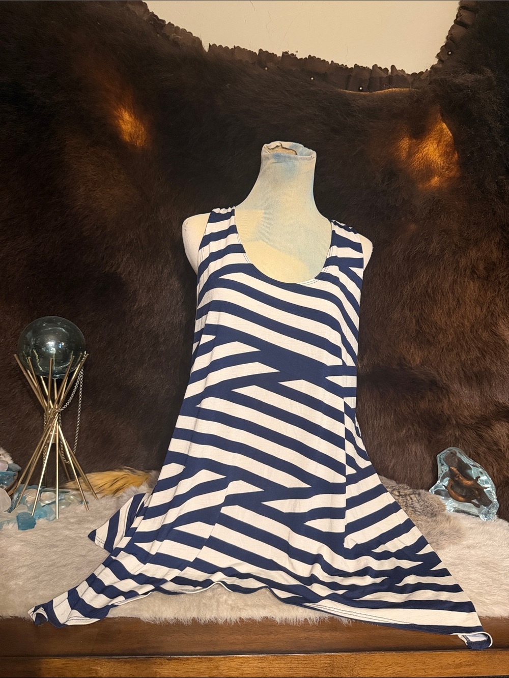 Navy & White Striped Sleeveless Swing top XL (4050)